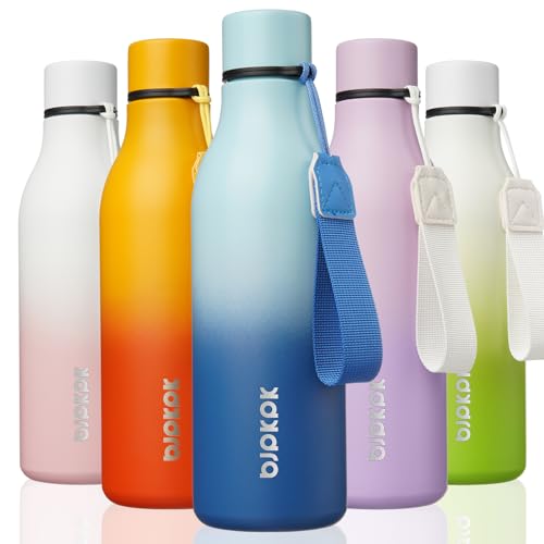 Image of BJPKPK Insulated Water Bottles, 18 oz Stainless Steel Metal Water Bottle with Strap, BPA Free Leak Proof Jugs, Mugs, Flasks, Reusable Thermal Flasks for Sports & Travel, Sky