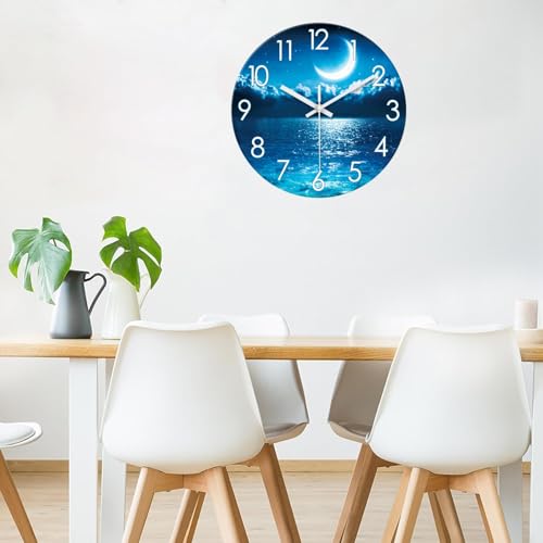 Image of XFM Large Blue Moon Wall Clock Silent Non-Ticking 20 Inch | Battery Operated Round Analog Modern Nature Night Ocean View Decorative Clock for Living Room Kitchen Bedroom Office