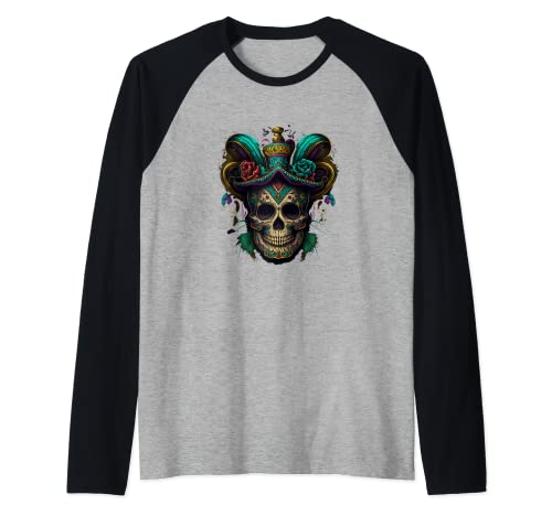 Funny Sugar Skull Mardi Gras Jester Hat Party Apparel Gifts Maglia con Maniche Raglan