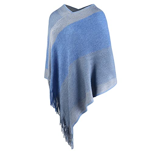 Image of Women's Elegant Knitted Shawl Poncho with Fringed V-Neck Striped Sweater Pullover Cape Gifts for Women Mom