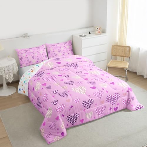 Image of Erosebridal Love and Heart Queen Comforter Set Cute Heart Pattern Bedding Set for Kids Teens Purple Valentine Bedroom Decor Love Geometric Quilt Duvet