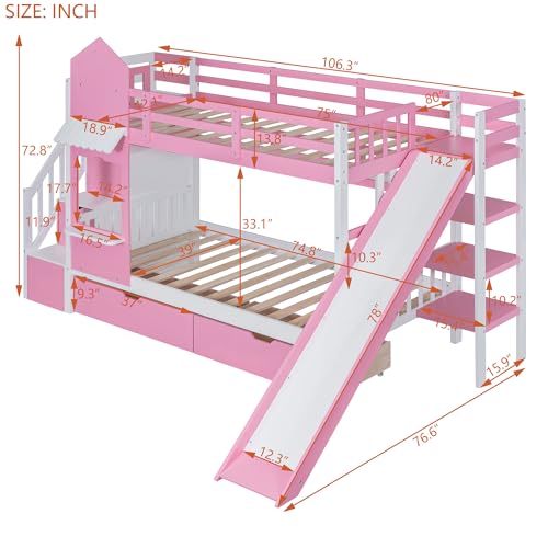 HiHomely Pink Twin Over Twin Castle Bunk Bed with Slide, 2 Drawers 3 Shelves – Fun Functional Kids Bedroom for Space Saving Storage (2 Drawers + 3 Shelves)