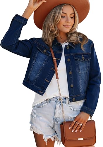 JMOJO 2025 Cropped Denim Jacket for Women Stretchy Fitted with 2 Pockets  Lightweight Trendy Short Jean Shacket