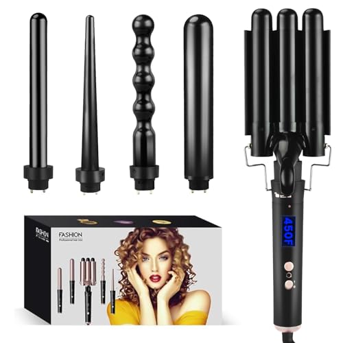 Bo'laiya 5 in 1 Curling Wand Set with Temperature Display, Curling Iron Set with 5 Interchangeable Ceramic Curling Wands, Instant Heat Up, Suitable for All Hair Types (Black)