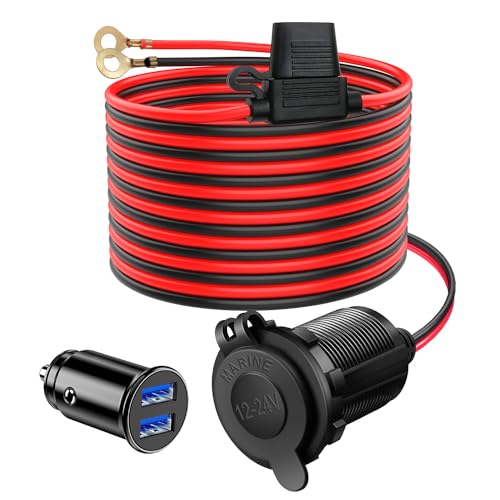 Hoembpn 2M Rallonge Prise Allume-Cigare de Voiture étanche Câble D'extension 14AWG avec Fusible 20A,12V/24V Mini Chargeur de Voiture USB Double Prise...