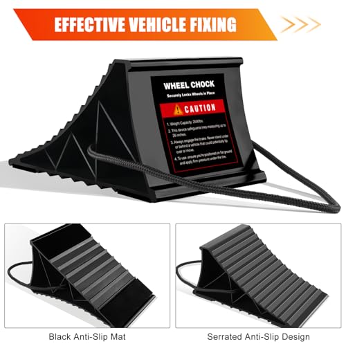 Image of Wheel Chocks for RV Trailer, 4 Pack Non Slip Wheel Chocks for Travel Trailers with Rope for Easy Removal, Lightweight Plastic Wheel Stoppers Block for Camper Cars Trucks