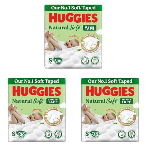 Image of Huggies Natural Soft Premium Tape Diapers Small (S) Size, 4-8 kgs, 30 Count | Our No.1 Soft Taped Diaper with Cloud Soft Bed and Runny Poo Absorption (Pack of 3)
