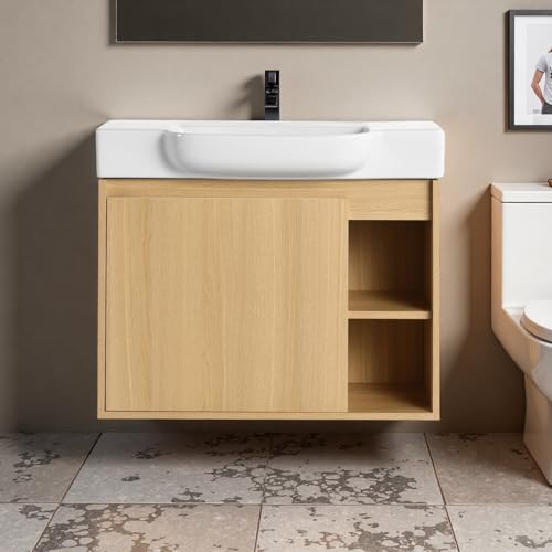 Image of 28 inch Bathroom Vanity with Ceramic Sink, Modern Wall-Mounted Bathroom Vanity with Soft-Close Door & 2 Open Storage Shelves, Farmhouse, Undermount Storage Cabinet, Easy to Clean, Light Oak