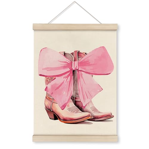 Image of HRQKO Pink Cowgirl Bow Poster Hanger Frame, Cowgirl Room Decor, Bow Room Decor, Preppy Western Wall Art with Wooden Frames, Pink Cowboy Boot Wall Hanging Banner for Teen Girls Room Dorm, 12x16 Inch
