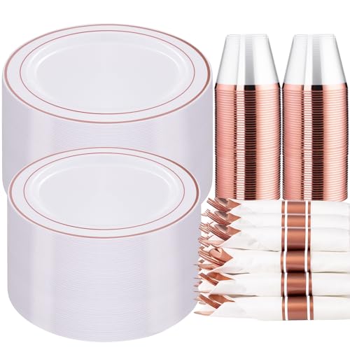 WELLIFE 350 Pieces Rose Gold Plastic Dinnerware, 50 Guests Disposable Plates with Rose Gold silverware and Cups, 50 Pre Rolled Napkins with Cutlery, Perfect for Wedding and Party