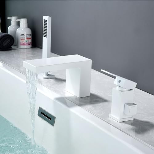 SHANFO Robinet Baignoire 3 Trous, Mitigeur avec Douchette 3 Trous, Robinetterie de Baignoire Cascade, Blanc, 13Y6OK