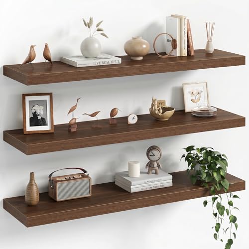 Image of Fun Memories 36Inch Floating Shelves for Wall, 8 Inch Deep Shelves for Bathroom|Bedroom|Kitchen, Large Wall Mounted Wood Hanging Shelf with Invisible Brackets for Home Storage Decor, Walnut - 3 Pack