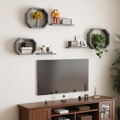 Image of Wall Mounted Floating Shelves Set of 6, Multipurpose Display, Book, Storage & Decor Shelves, Octagon Shape Wooden Wall Shelf for Living Room, Bedroom, Kitchen (Grey)