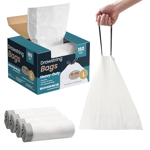 SONGMICS Trash Bags for 5.3 Gallon (20 L) Trash Cans, Drawstring Kitchen Garbage Bags, Pre-Separated, Quick-Dispense Box, Liner Code L, 4 Rolls, 160 C