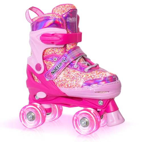 Nattork Patines de ruedas para niños y niñas, 4 tamaños ajustables, fluorescentes, con ruedas iluminadas, regalo de cumpleaños genial para deportes en interiores y exteriores