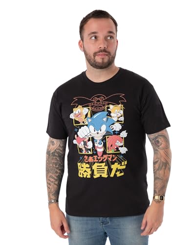 DESIGN A FUMETTI GIAPPONESI: Immergiti nell'iconico stile manga con questa t-shirt nera a maniche corte con l'accattivante design del fumetto giapponese. È un cenno all'amata serie Sonic the Hedgehog e un must per gli appassionati di giochi.