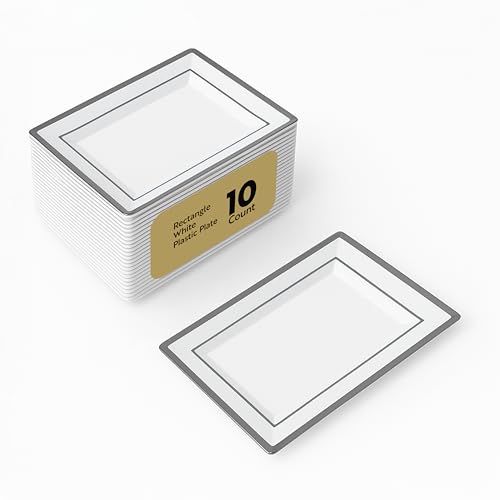 Restaurantware Moderna 12.8 x 8.3 Inch Premium Disposable Plates 10 Rectangular Plastic Plates For Parties - Silver-Rimmed Durable White Plastic Dinner Plates For Warm And Cold Foods Restaurantware Moderna 12.8 x 8.3 Inch Premium Disposable Plates 10 Rectangular Plastic Plates For Parties - Silver-Rimmed Durable White Plastic Dinner Plates For Warm And Cold Foods