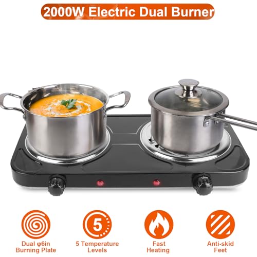 Image of 2000W Electric Portable Double Burner Coil Heating Hot Plate Stove | Countertop RV Hotplate Temperature Controls Easy to Clean for Camping RV Kitchen (Black)
