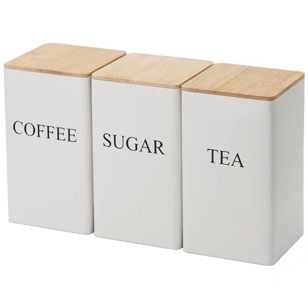 WUVCDI Tea Coffee Sugar Canisters, 1000ML 3 Piece of Metal Canister Storage Jar Container Set With Airtight Bamboo Lid (White)