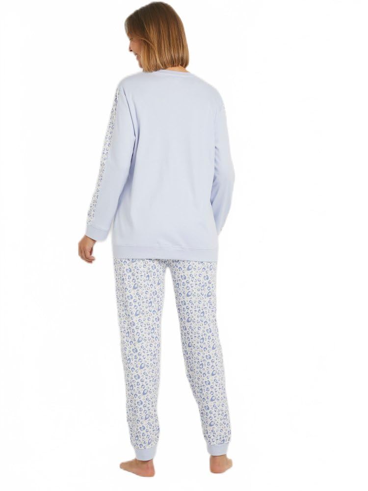 Afibel - Pyjama Manches Longues Coton Interlock Nuit Bleu Coton Peigné - Taille : 38/40