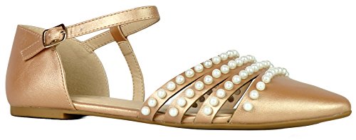 Cambridge Select Women's Closed Pointed Toe Ankle Strappy Cutout Faux Pearl Studded Ballet Flat (7.5 B(M) US, Rose Gold) - Image 3