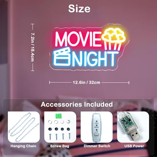 Image of Movie Night Neon Sign With Popcorn Dimmable LED Neon Lights for Wall Decor USB Powered Light Up Signs for Bedroom Living Room Cinema Film Room Man Cave Home Bar Wedding Birthday Party
