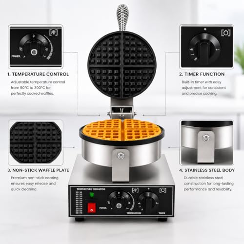 Image of Round Belgian Waffle Machine, Commercial Electric Belgian Waffle Maker, Non-Stick Waffle Baker for Cafe Bakery Restaurant