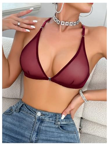 Image of SOLY HUX Women's Sheer Mesh Through Bra Sheer Bralette Front Closure Deep V Neck Wireless Lingerie Sexy Lingerie Bra