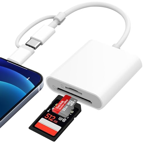 SD Card Reader for iPhone iPad Mac, Dual Connector (Lightening & USB-C) Memory Card Reader, SD Card Adapter to iPhone Support SD/Micro SD Card, Digital Camera Card Viewer to iPhone, Plug and Play