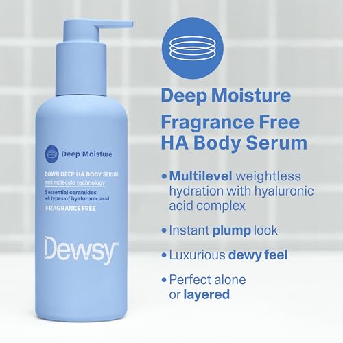 Dewsy Down Deep Hyaluronic Acid Unscented Body Serum - Hyaluronic Acid Ceramide Serum for Deep Hydration, Light Body Care Moisturizer with Mini Molecule Technology, Fragrance Free Serum, 8 oz