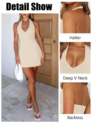 Image of Women's Sexy Halter V Neck Mini Dress for Women Summer Slim Fit Going Out Club Party Bodycon Short Dresses