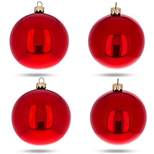 Set of 4 Glossy Red Glass Ball Christmas Ornaments 4 Inches