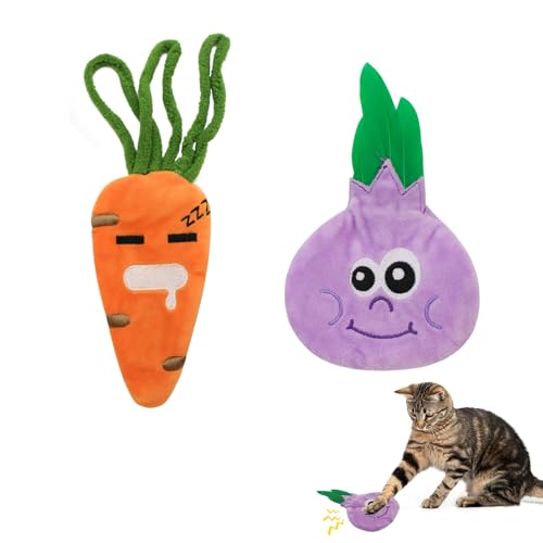 Andiker 2Pcs Cat Plush Toys, Cute Carrot&Onion Shape Catnip Toys& Cat Crinkle Toys Double Sturdy Sound Paper Inside to Make Sound When Chew and Bite Cat Toys for Indoor Cats Kitten