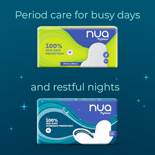 Image of Nua MyWave Night XXL Sanitary Pads for Women | Heavy Flow Period Pads | Super Soft, Rash-Free, Leak-Proof | Super Absorbent | Pack of 28 | Individually Wrapped | 320 mm