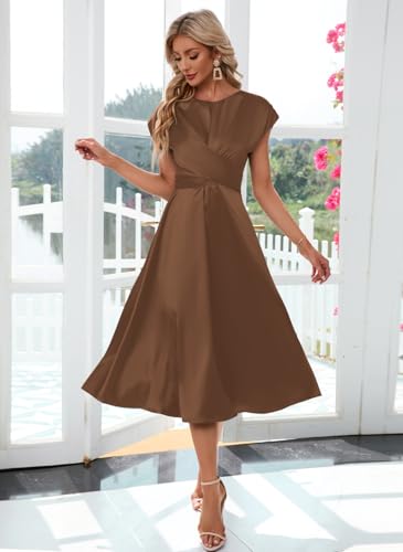 Image of Women's Summer Satin Dress Elegant A-Line Cap Sleeves Tie Waist Flowy Midi Dress Cocktail Wedding Guest Dress
