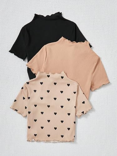 OYOANGLE Girl's 3 Pack Short Sleeve T-Shirts Ribbed Knit Mock Neck Tee Shirts Heart Print Tees2