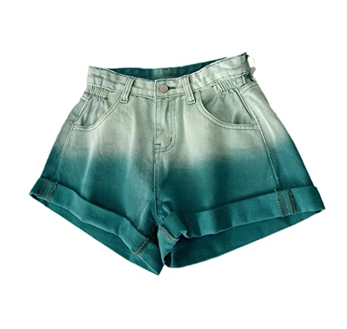 Short d'été vintage en denim rose et vert pour femme à taille haute