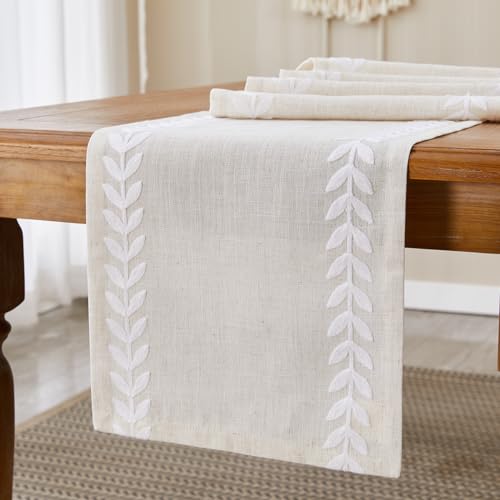 Wracra Embroidered Table Runner Irregular Willow Leaf Table Runners 72 Inches Long For Dresser Home Dining Table Decor,14 x 72 Inch, White