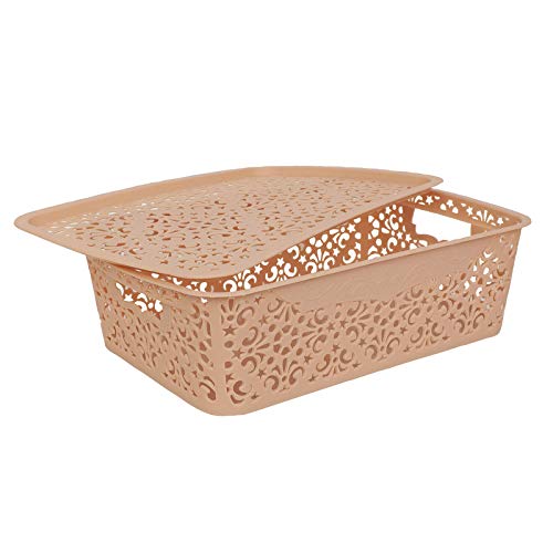 Image of Cutting Edge Essentials Plastic Storage Baskets /Shelf /Turkish Rack with Lid - Set of 2 for Fruit Vegetable Bathroom Stationary Home Basket with Handle (Beige, Medium)