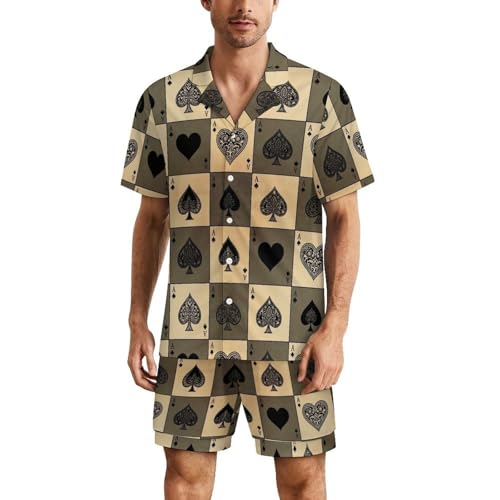 Men's Two Piece Button Down Soft Shirt and Shorts Pajamas Set Lightweight Sleepwear Summer Loungewear (Vintage Ace Of Spades Card Poker Lover)
