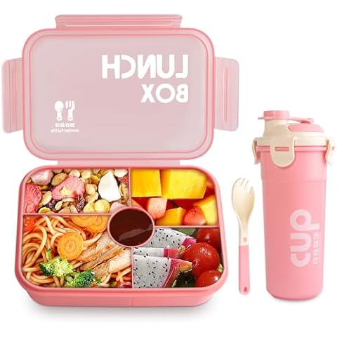 2 Pack Set - Leakproof Large Bento Box（34oz）and Water Bottle（28oz）for Adults/Kids, Bento Lunch Boxes with 5 Compartments and Utensils, BPA-Free, Microwave/Dishwasher Safe Lunch Containers Cover