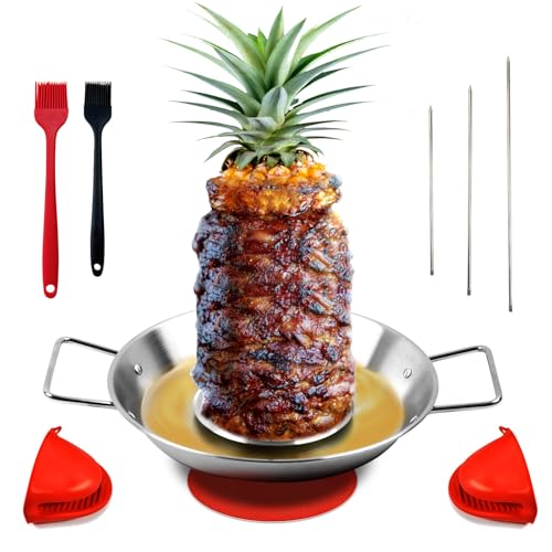 Fengzhe Al Pastor Skewer for Grill:Stainless Steel Vertical Stand, Brazilian Spit Stand with removable 3 Spikes, 2 Brushes, Anti-scalding Fittings, Fat Separator Tray, for Tacos Al Pastor, BBQ