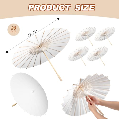 Sanwuta 20 Pcs 23.6'' Paper Parasol Umbrellas Chinese Japanese Oil Paper Parasols Handmade for Wedding Guest DIY Photo Props(White)