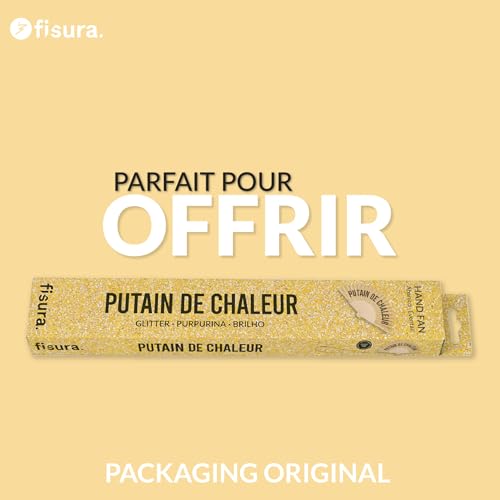 Fisura – Éventail en Bois avec Message « P*Tain de Chaleur », Design Paillettes dorées, Accessoire été Pliable avec dragonne, Ventilateur à Main Original pour Plage, Festival. Cadeau Femme 42,5x23 cm – vue 7