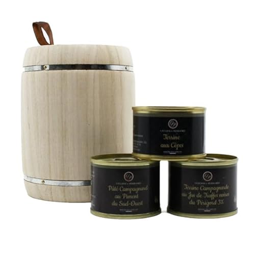Cellier du Périgord Petit Fût Tonneau Bois avec Terrines Truffe 3%, Cèpes, Pâté Piment Sud-Ouest - Coffret Cadeau Artisanal Périgord Réutilisable