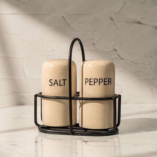 Image of Ivory & Iron Salt & Pepper Set - Ceramic Shakers with Metal Stand - Minimal Tabletop Essentials for Everyday Dining