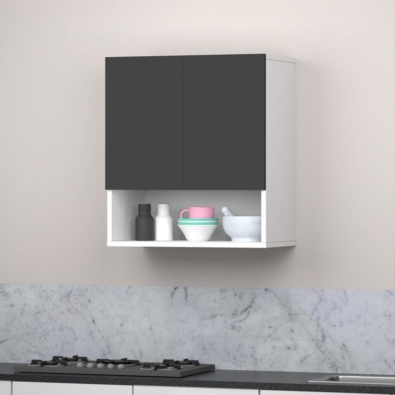 Image of 2 Door Multipurpose Wall Mounted Cabinet with Adjustable & Fixed Shelf | Storage for Kitchen, Bathroom, Office & Living Room | Assembly-DIY | Color-White & Grey | Size-60x33x63.8 Cm
