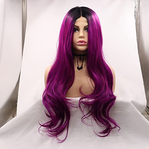 Xiweiya Dark Purple Wigs with Dark Roots Long Wavy Wig Purple Color Hair Synthetic 4 * 1 Lace Full Machine Made Wig Heat Resistant Fiber Middle Parting for Women Cosplay Makeup Party 24 Inches - Image 2