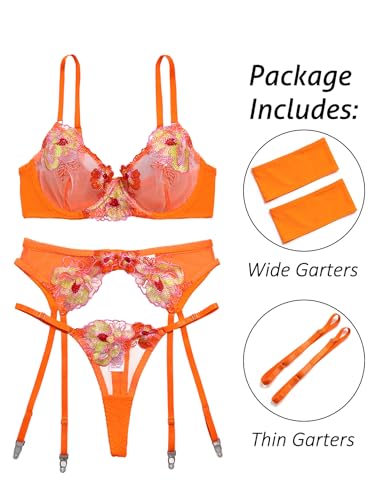 Image of Lilosy Sexy Leaf Floral Embroidered Mesh Sheer Women Underwire Push Up Lingerie Set
