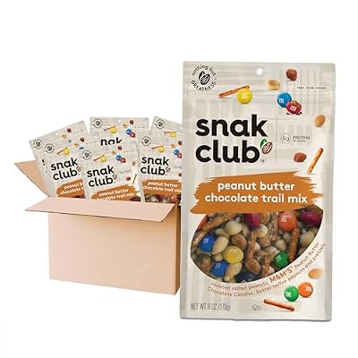Snak Club Peanut Butter Chocolate Trail Mix with Peanuts, Peanut Butter M&MS, Toffee Peanuts, and Pretzels, 6 oz Per Bag, 6 Resealable Bags